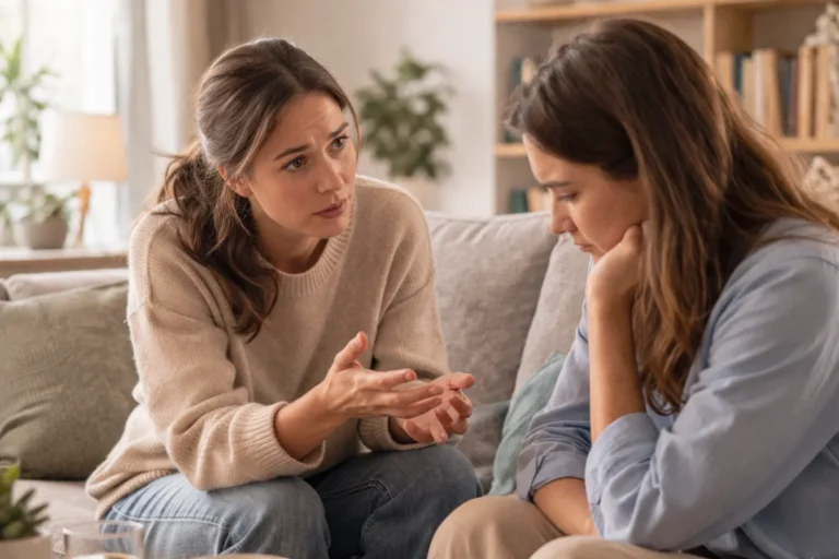 Persona con bloqueo emocional hablando con alguien de confianza en casa