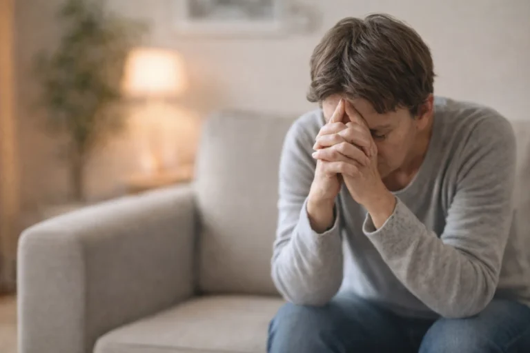 Persona en el sofá con gesto de preocupación y malestar emocional