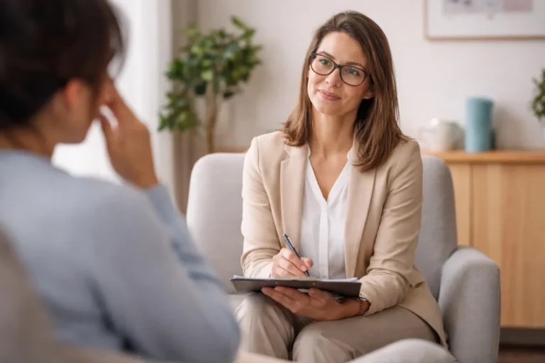 Psiquiatra realizando una evaluación clínica en consulta de salud mental