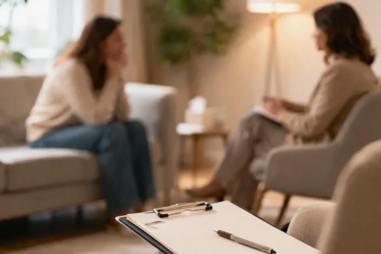 Sesión de psicoterapia observada desde fuera con terapeuta y paciente hablando en consulta