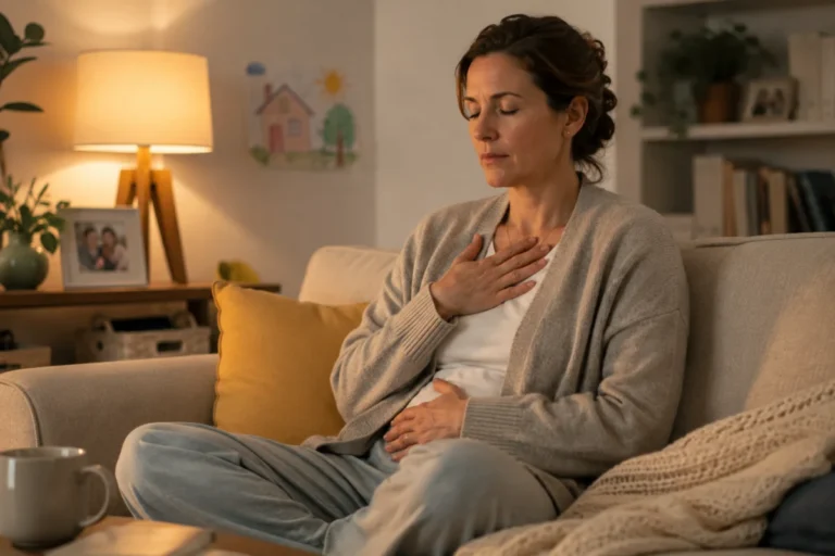 mujer 40 años intentando calmar la ansiedad mediante respiración pausada en el salón de su casa