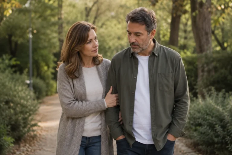 mujer ayudando a su pareja con ansiedad durante un paseo por el parque