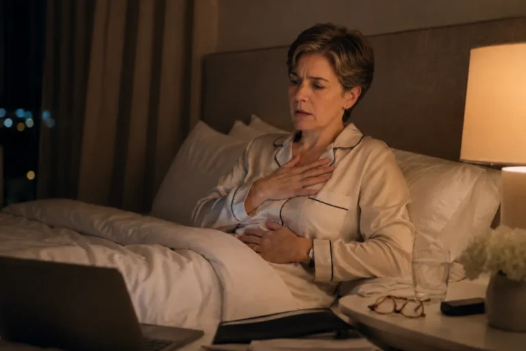 mujer en la cama intentando calmar un ataque de ansiedad por la noche