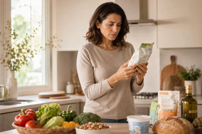 mujer revisando con preocupación la etiqueta de un alimento en una cocina por una obsesión con comer sano