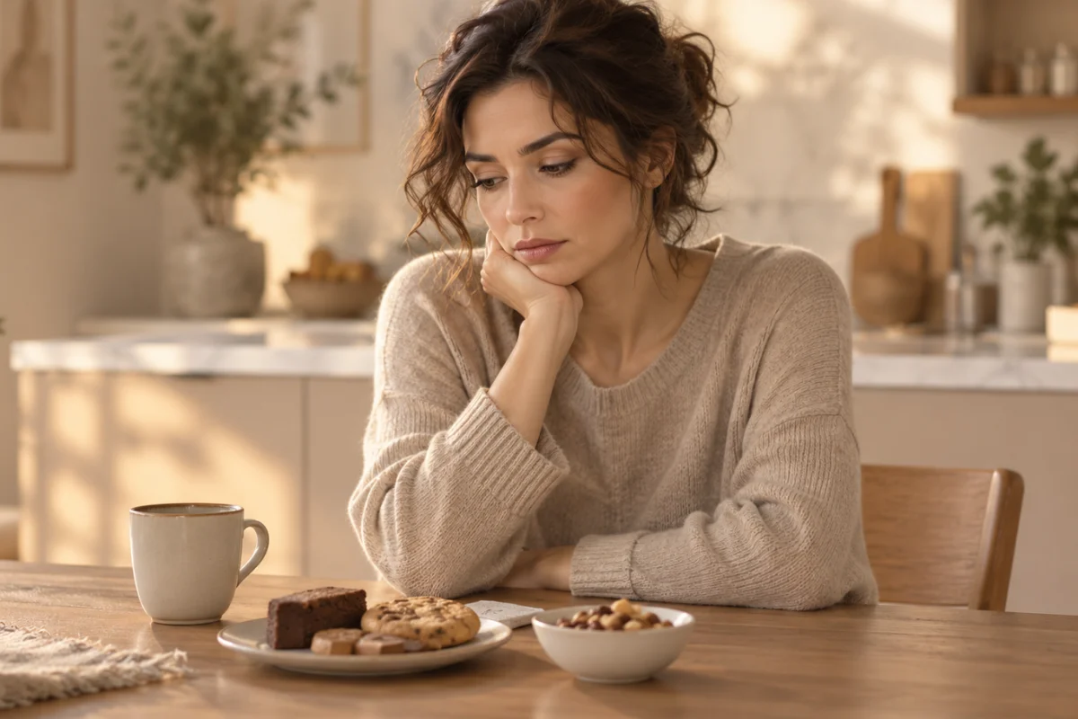 Mujer pensativa junto a dulces